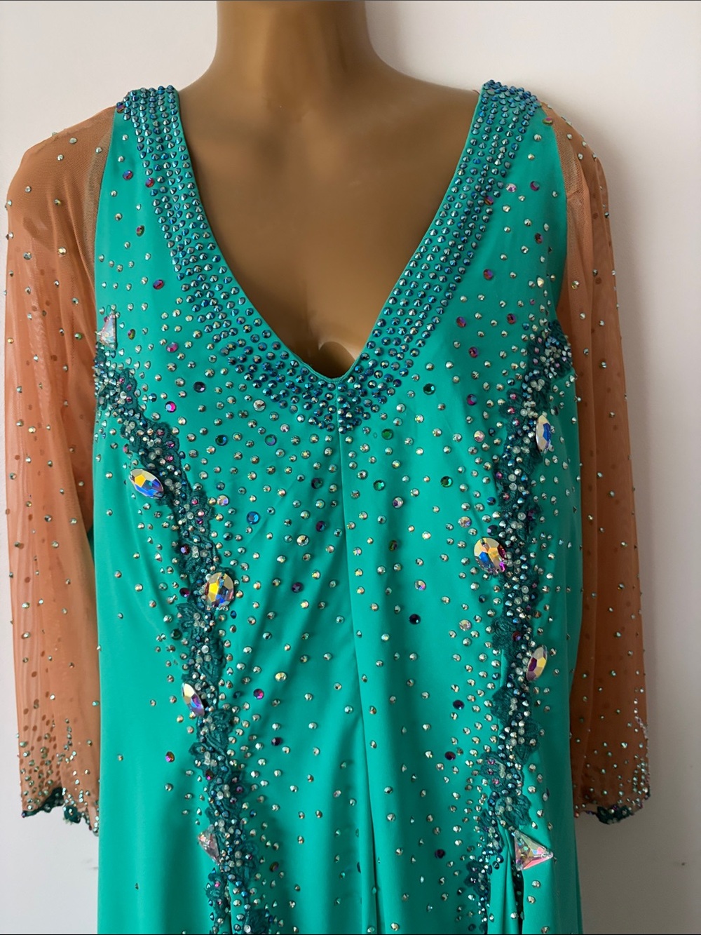 Turquoise Long Sleeve Ballroom Dress with Nude Illusion and Crystal Trim - Picture 7 of 11